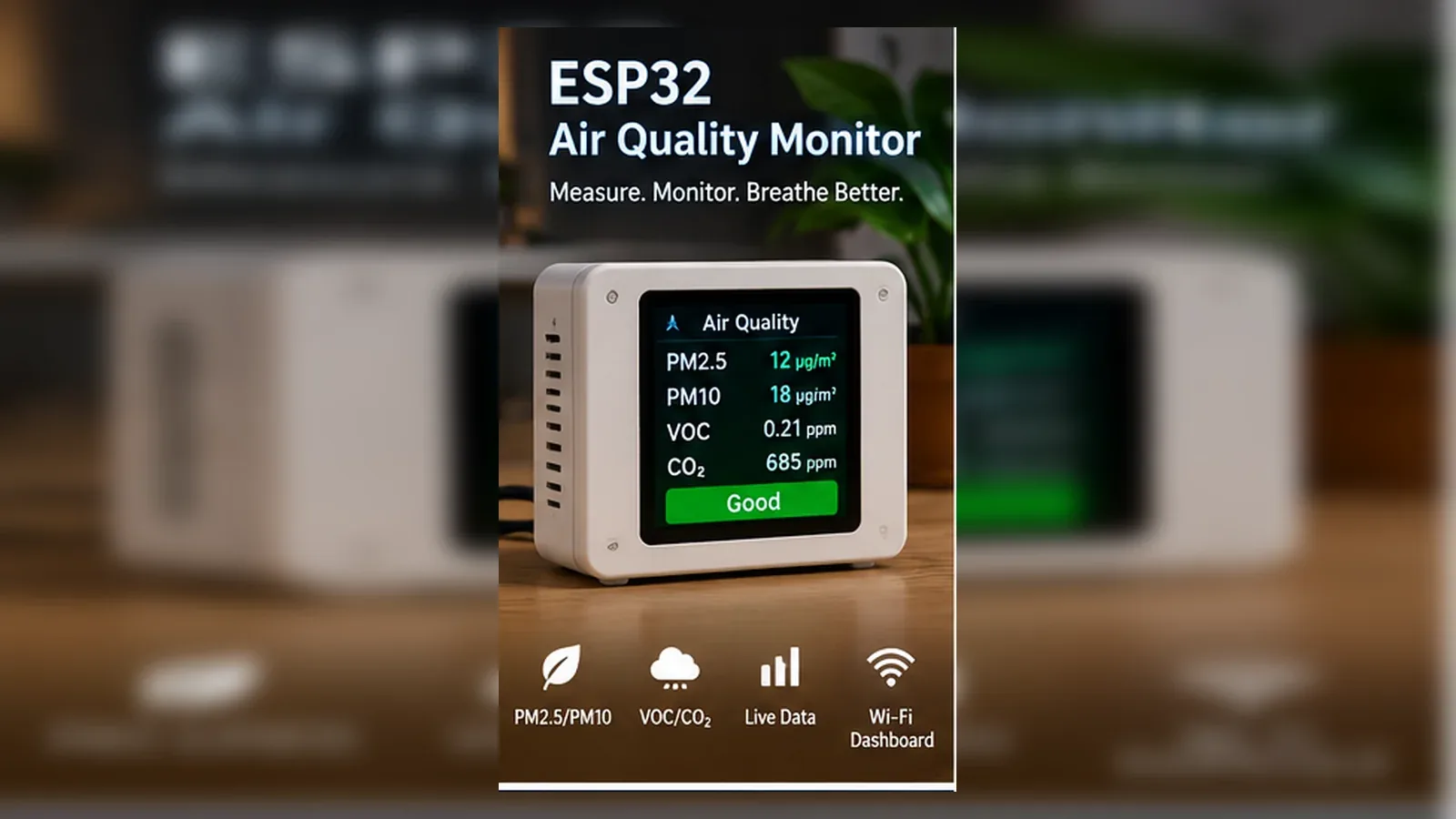 ESP32 air quality monitor with gas sensor module and local display on a workbench