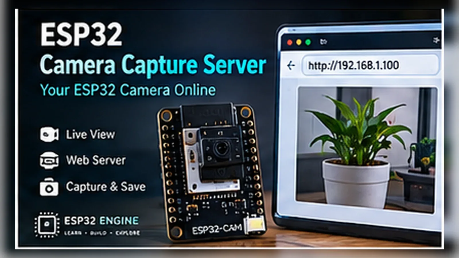 ESP32-CAM capture server with camera board and browser preview on a local network