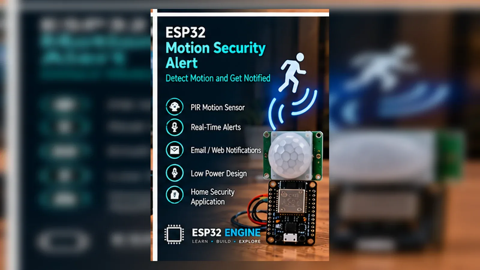 ESP32 motion security alert with PIR sensor, buzzer, and notification display
