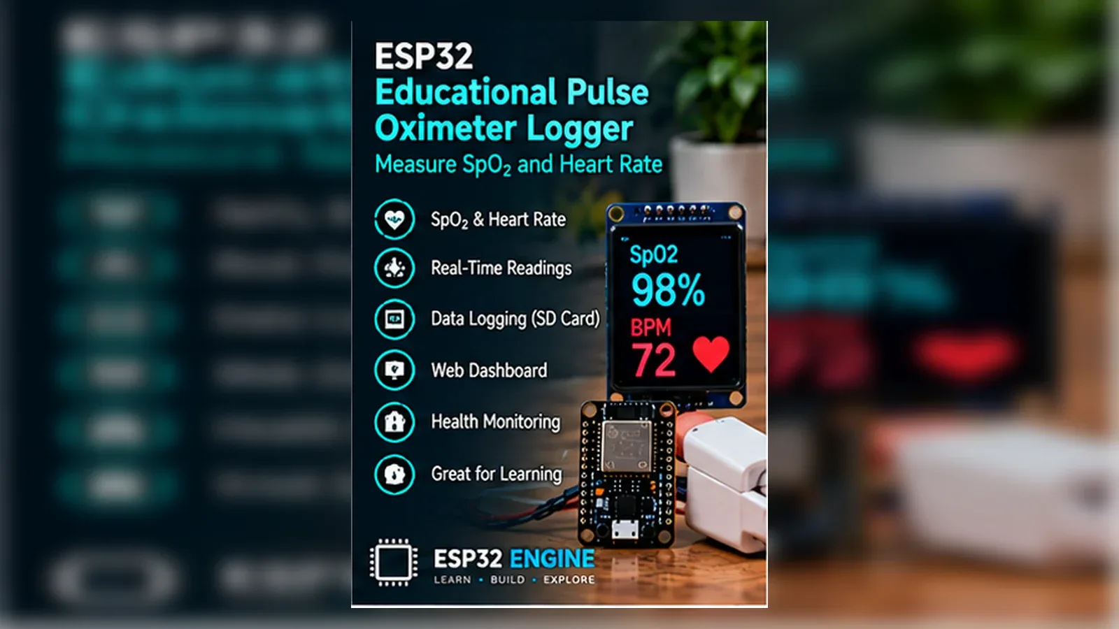 ESP32 educational pulse oximeter logger with sensor module and serial data display