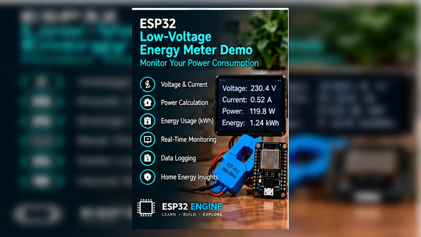 ESP32 low-voltage energy meter demo with current sensor and display dashboard