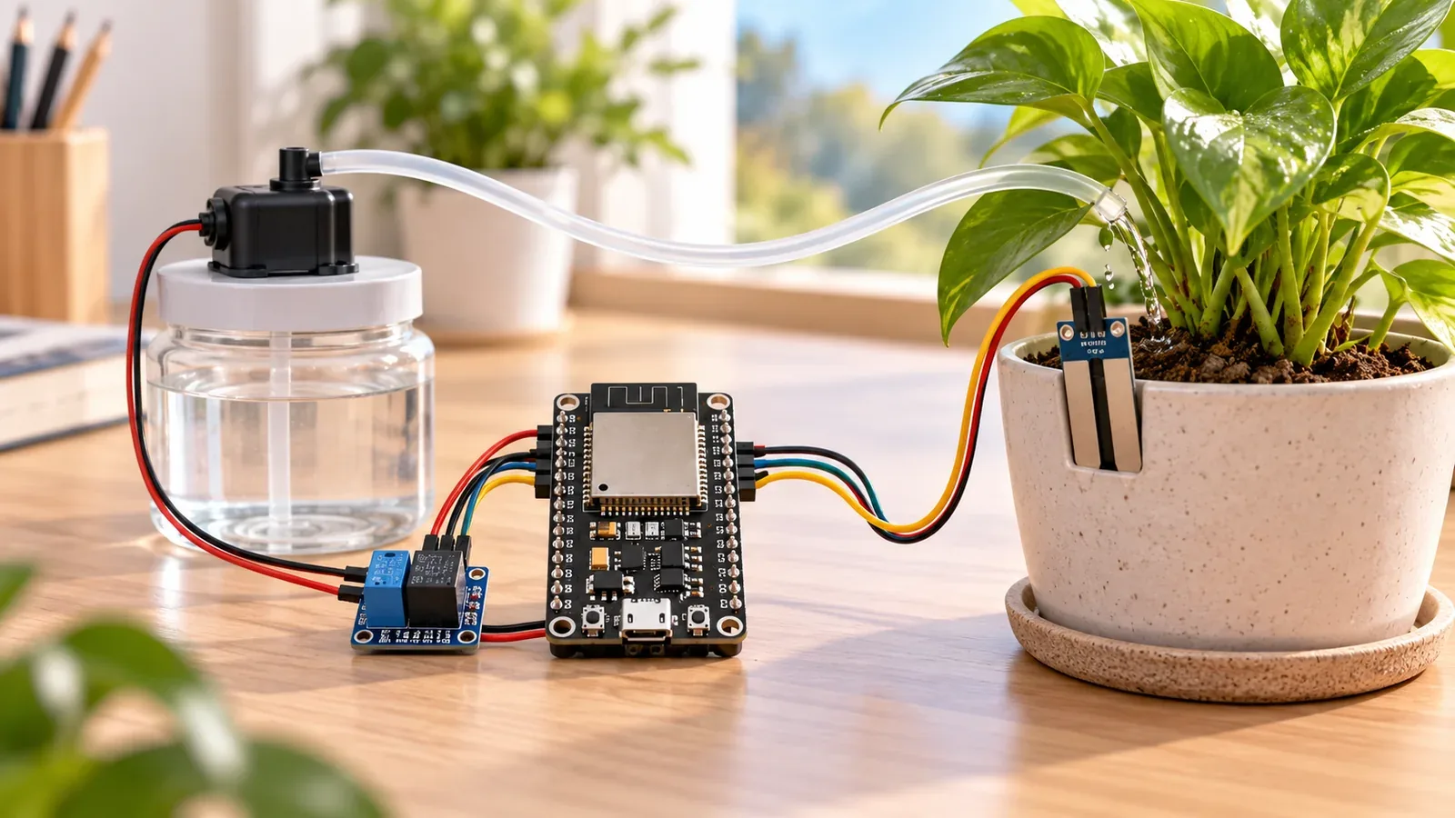 ESP32 smart irrigation system with soil moisture sensor, pump relay, and plant pot