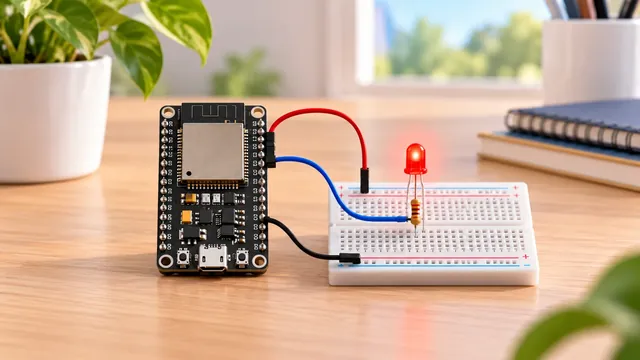 ESP32 blink LED guide with LED circuit on a breadboard