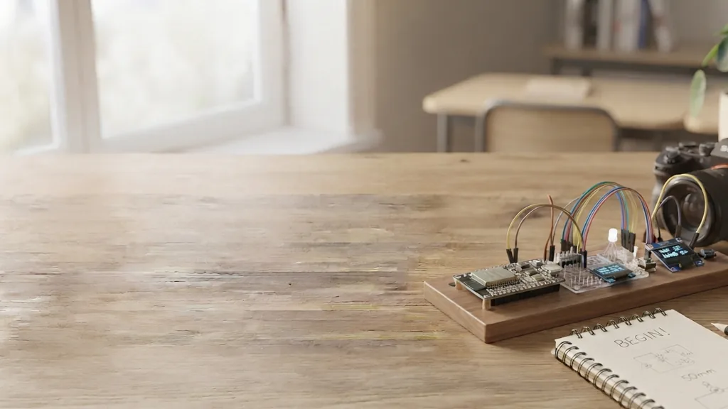 ESP32 learning path workspace with board, notebook, and classroom materials