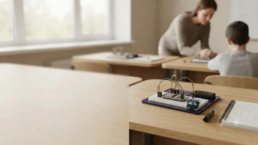 Teacher guiding students during an ESP32 classroom activity