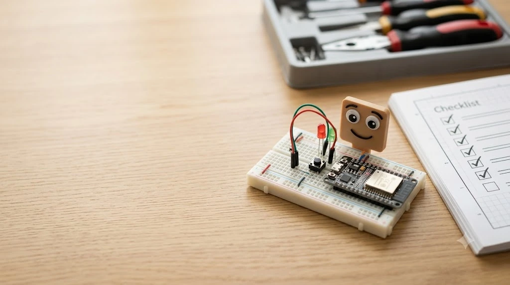 ESP32 breadboard project beside an electronics checklist
