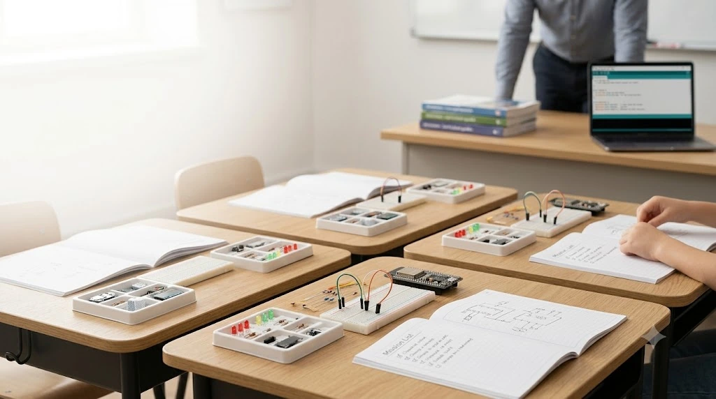 ESP32 components and classroom electronics kits on desks
