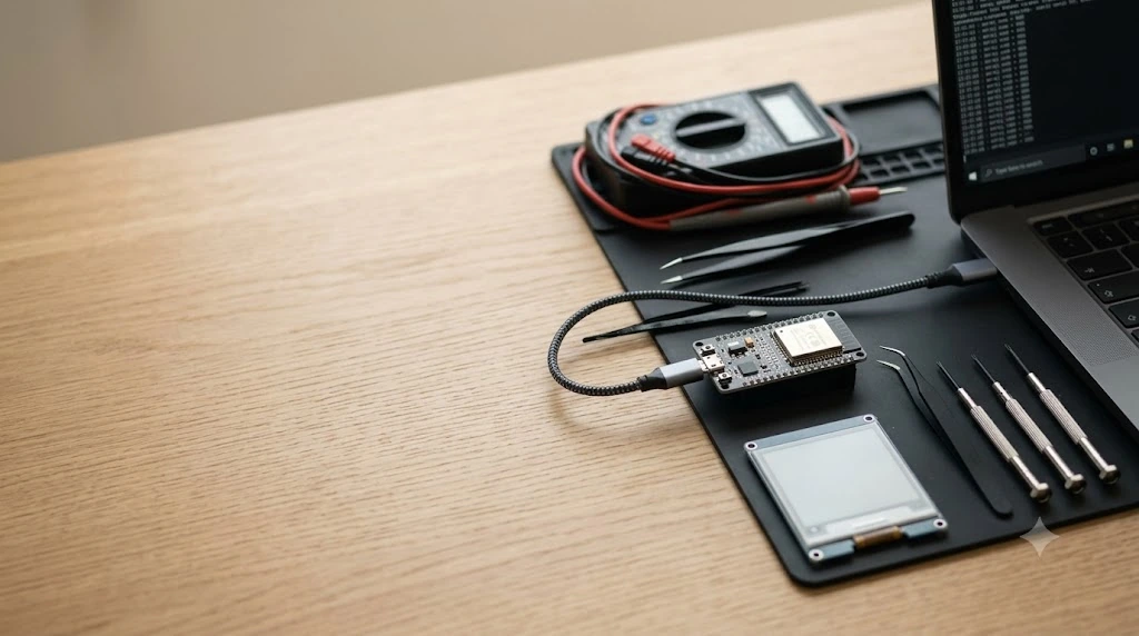 ESP32 board connected beside test tools, OLED screen, and development laptop