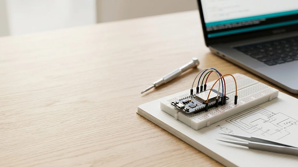 ESP32 board on breadboard with wiring notes, laptop, and workshop tools