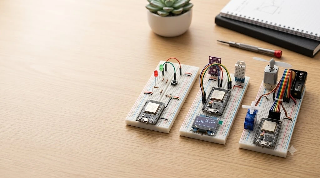 ESP32 maker toolbox with breadboards, sensors, LEDs, servo, and test components