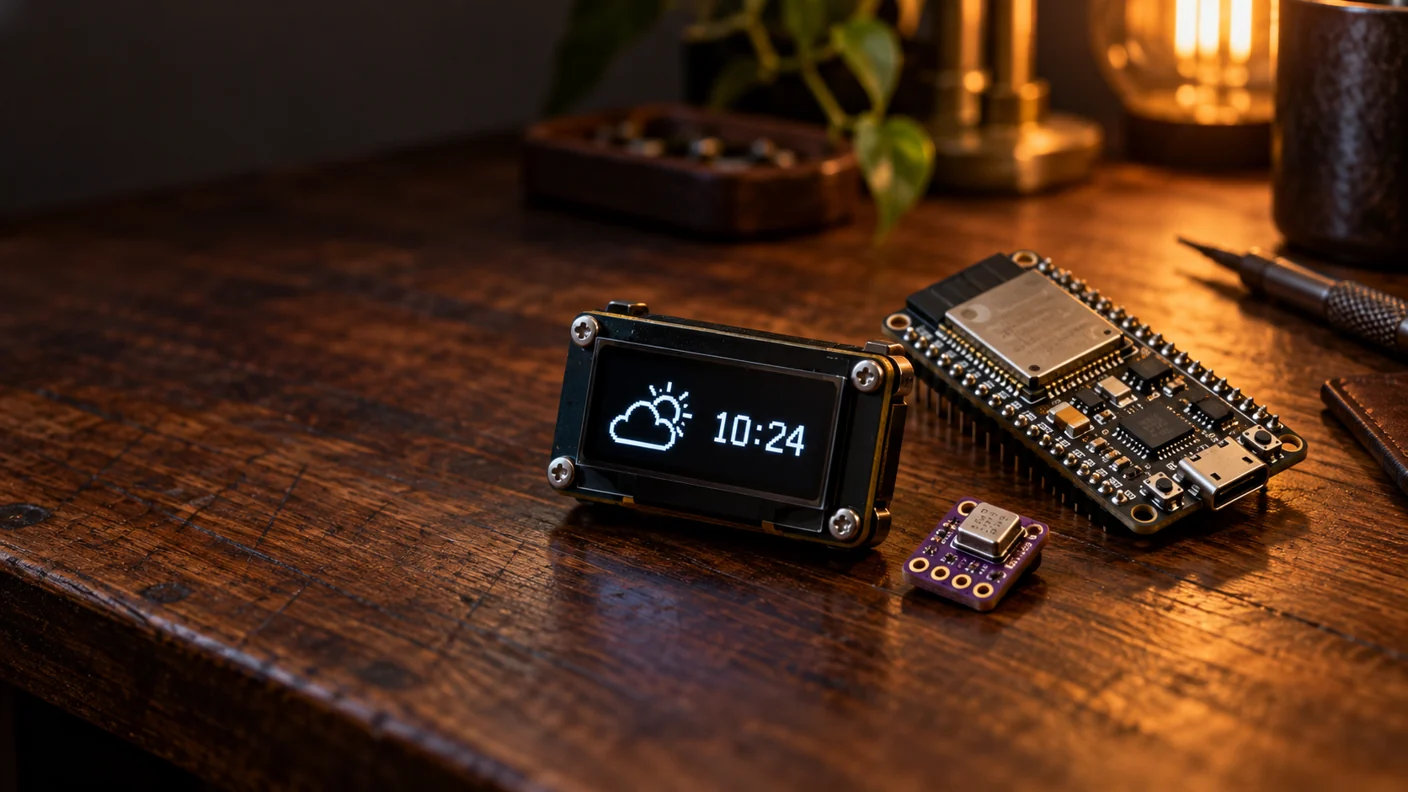 Illustrative weather display concept; the linked build uses an SSD1306 OLED and BME280