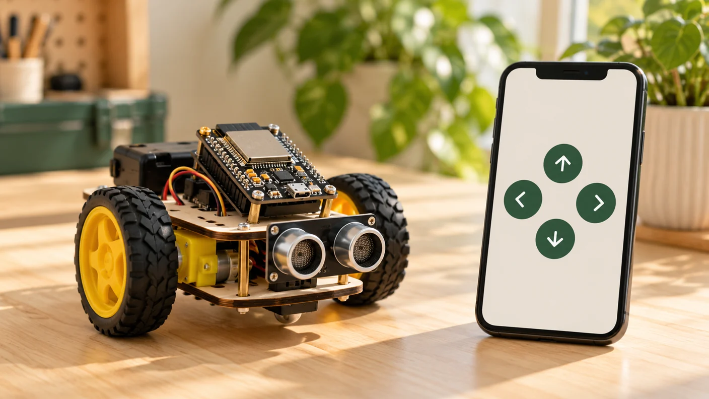 Generated concept illustration of an ESP32 robot and phone direction controls, not a tested build