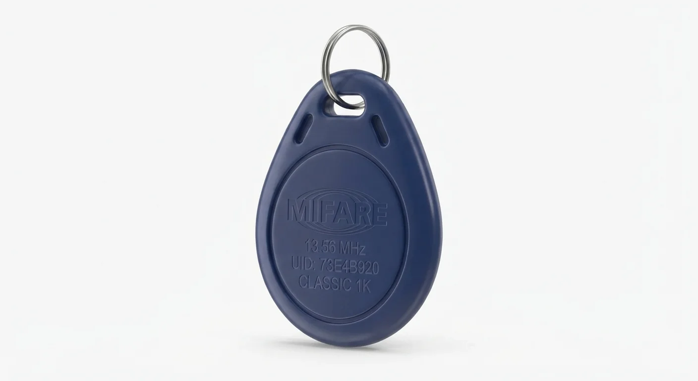 Product-style illustration of 13.56 MHz RFID Key Fob; not a verified physical pin layout