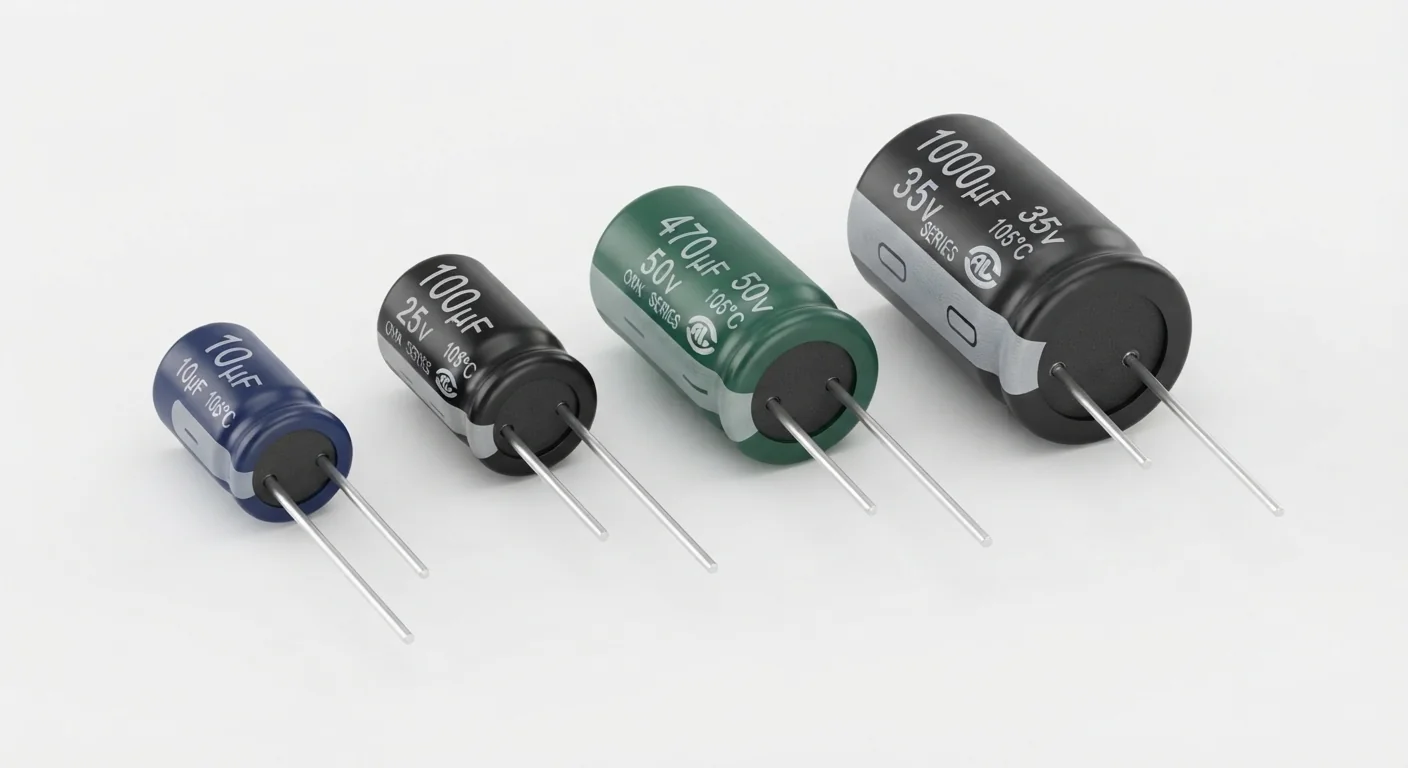 Product-style illustration of Electrolytic Capacitors; not a verified physical pin layout