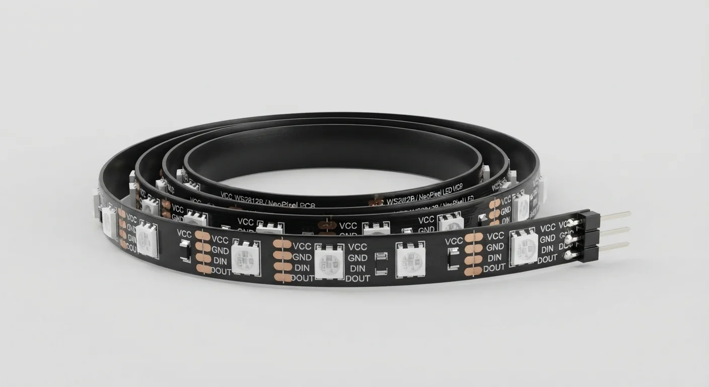Product-style illustration of WS2812B RGB Strip; not a verified physical pin layout